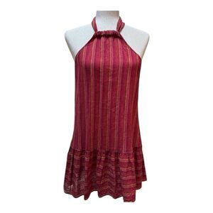 BCBG Next Generation Red  Stripe‎  Linen Blend Boho  Summer Halter Dress Size XS